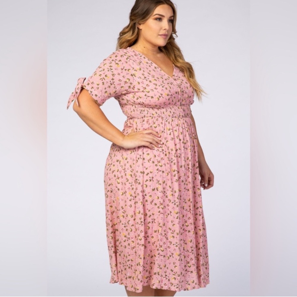 Reborn J Women’s Pink Floral Tie Sleeve Plus Midi Dress, Plus Size 3X Summer - Picture 2 of 10